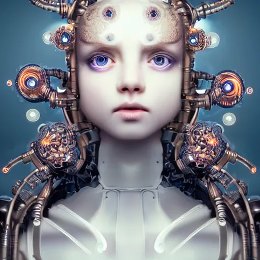 Prompt: stunning hyperdetailed upclose symmetrical portrait of 1 4 year old caucasian cyborg girl with translucent porcelain skin, lush thick hair, big electric eyes, ultra detailed ornate neon wire lacing, ultra detailed steampunk cyborg implants, complex white nano mechanical flowers, micro detail, by satoshi kon, sharp focus, trending on artstation hq, deviantart, pinterest, 8 k