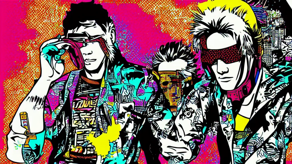 Prompt: hotline miami futuristic japanese cyberpunk by roy lichtenstein, by andy warhol, ben - day dots, pop art, bladerunner, pixiv contest winner, cyberpunk style, cyberpunk color scheme, mechanical, high resolution, hd, intricate detail, fine detail, 8 k