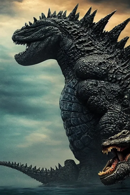 Prompt: Godzilla, kaiju, sea creature, crocodile, sharp teeth, scary look, angry