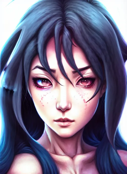 Image similar to a portrait of dilraba dilmurat as revy from black lagoon, smirk, black tank top, jean shorts, symmetrical eyes, symmetrical face, art by lois van baarle and loish and ross tran and rossdraws and sam yang and samdoesarts and artgerm, digital art, intricate, sharp focus, unreal engine 5