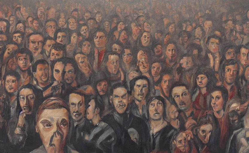 Prompt: a haunting painting of a man with eyes wide open surrounded by people with their eyes completely shut. there are also crt television drones flying around