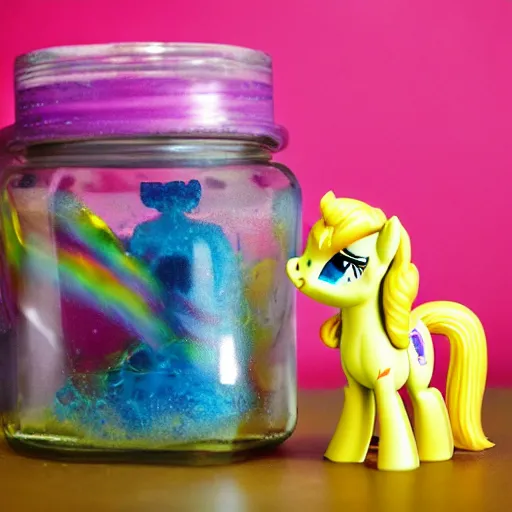 Image similar to a my little pony figure in a jar covered in a mysterious sticky yellowish fluid