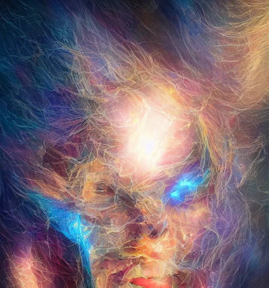 Prompt: a frontal face portrait of transparent and beautiful elegant entity dissolving in to light, refractive light, caustics, backlit, incredible lighting, strong rim light, highly detailed, god rays, digital painting, HDRI, by Alvaro Castagnet and Dan Mumford, vivid colors, high contrast, 8k resolution, intricate, photorealistic, smooth