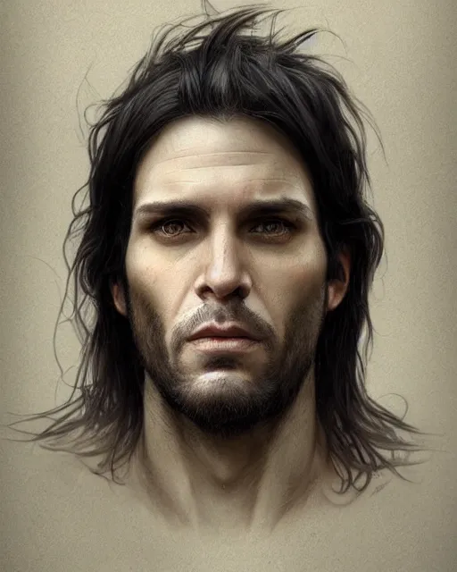 Prompt: portrait of tall, tired 3 3 - year - old handsome man with long black hair, grey eyes, wearing black clothes, hyper realistic face, beautiful eyes, close up, fantasy art, in the style of greg rutkowski, intricate, alphonse mucha, hyper detailed, smooth