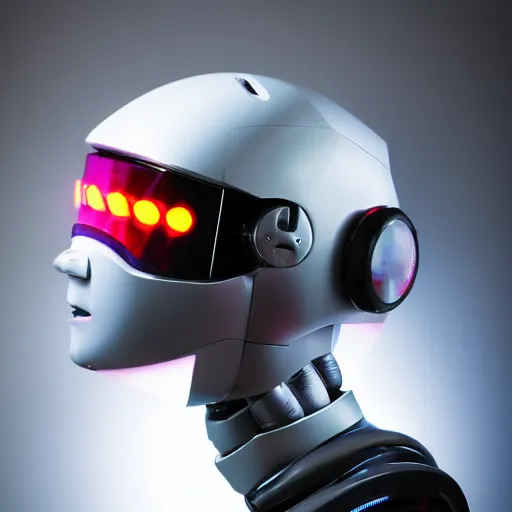 Image similar to photo of robot with 2 0 yo girl inside, leds visor helmet, profile pose, bust shot, high detail, studio, black background, smoke, sharp, cyberpunk, 8 5 mm sigma art lens