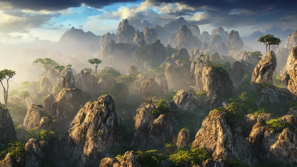 Prompt: epic landscape with large mountains and pillars of rock emerging from the ground, cinematic, light mist, volumetric lighting, hyperrealistic, detailed, arial view, fantastical 4 k hd