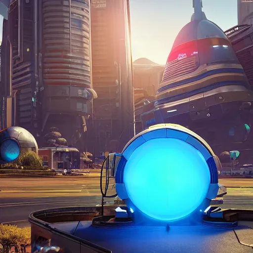 Image similar to friendly robot with a glowing blue heart in front of a clean white sci-fi dome in a pleasant urban setting, peaceful, majestic, a sense of hope, in style of apex legends, art station, ultra hd, soft light, overhead sun, ultra hd, art station