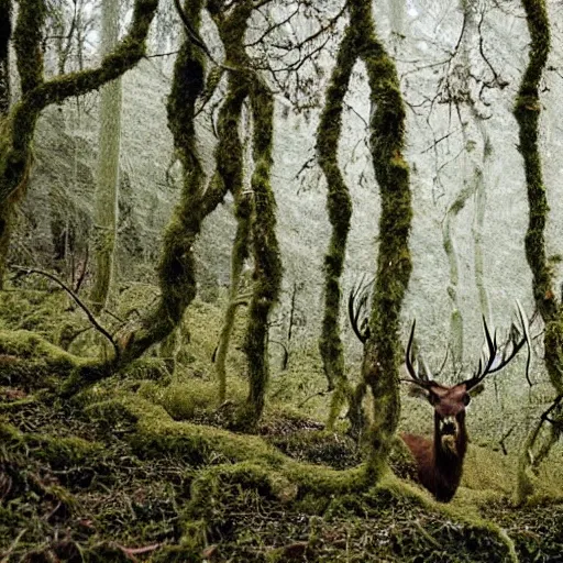 Image similar to in a dark forest with trees covered in moss, hundreds of vines entwine to take shape of an elk