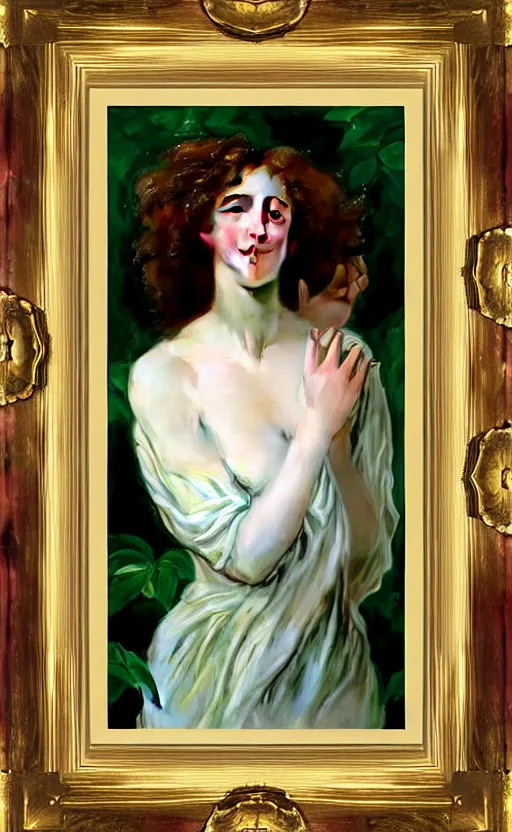 Image similar to 8 k uhd the face of a young woman with marble complexion, angelic features, her face framed with curls, her head raised in rapture, laughing, symmetrical eyes, watercolor by john singer sargent, background lush vegetation, insects and birds