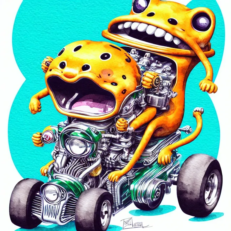 Image similar to cute and funny, jaguar wearing a helmet riding in a hot rod with oversized engine, ratfink style by ed roth, centered award winning watercolor pen illustration, isometric illustration by chihiro iwasaki, edited by range murata, tiny details by artgerm and watercolor girl, symmetrically isometrically centered, sharply focused