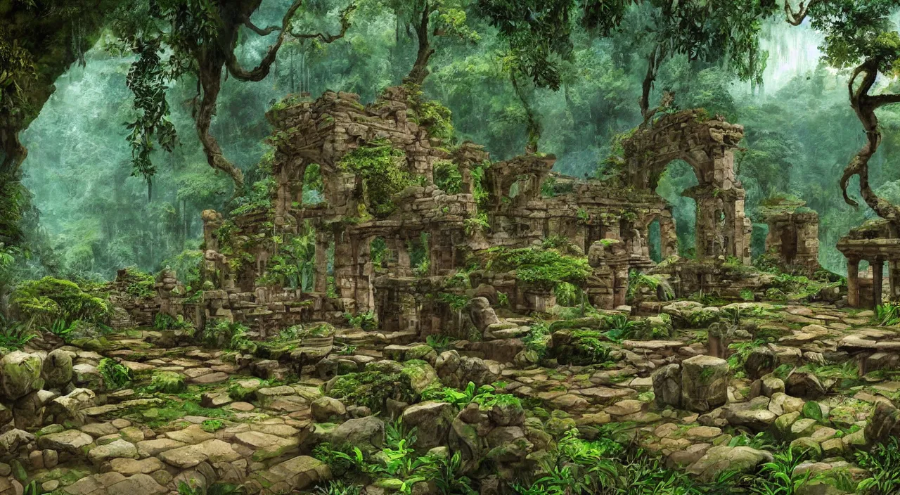 Prompt: ancient stone temple ruins at the end of a pathway next to a river in an overgrown rainforest, by roger dean, by syd mead, robert hubert, laurie lipton, detailed, realistic shadows, rendered in lumion, matte painting