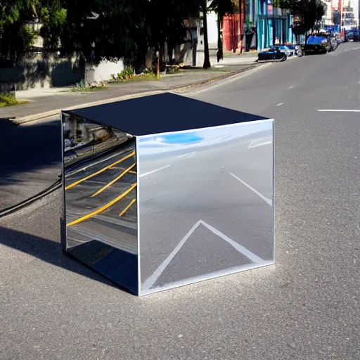 Prompt: big metal reflective perfect cube in the middle of the street