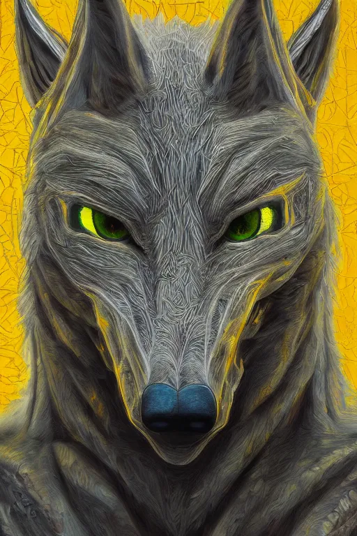 Image similar to ultra realist and ultra intricate detailed soft painting of a werewolf, symmetry features, glowing yellow eyes, sensual gloomy style, volumetric clouds