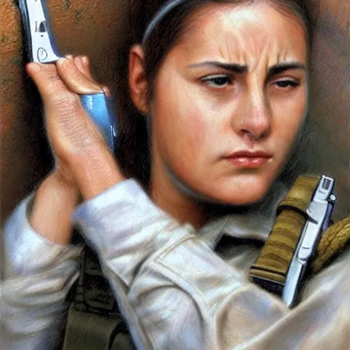 Image similar to a female israeli soldier pressing a staple gun to her head and looking depressed by thomas kincade realistic, high details