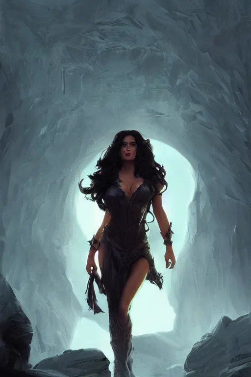 Image similar to portrait, Salma Hayek as a sorceress, dramatic lighting, cinematic, establishing shot, high detail, photo realistic, cinematic lighting, post processed, concept art, artstation, matte painting, style by eddie mendoza, raphael lacoste, alex ross