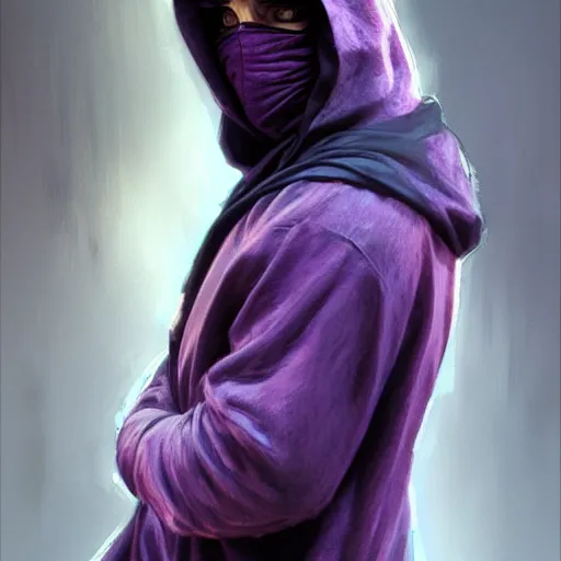 Image similar to ultra realistic illustration, man in a black hood, in a striped purple balaclava, mysterious, highly detailed, digital painting, artstation, concept art, smooth, sharp focus, illustration, art by artgerm and greg rutkowski and alphonse mucha