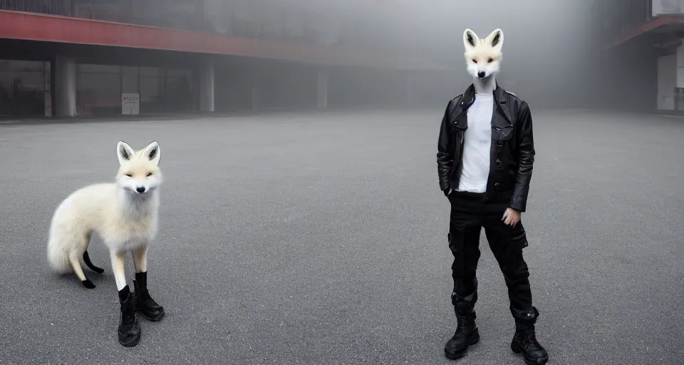 Prompt: A portrait photo of a white japanese fox wearing an open, long, black leather jacket , black cargo pants, a black shirt, and black army boots standing in an empty, foggy parking structure