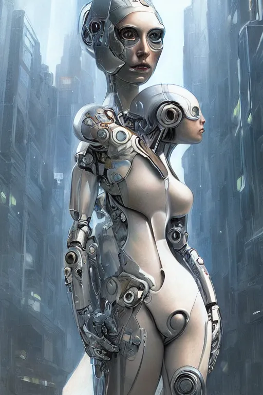 Prompt: ultra realistic illustration, robot woman carrying a human baby + face, cyberpunk, sci - fi, fantasy, intricate, elegant, highly detailed, digital painting, artstation, concept art, smooth, sharp focus, illustration, art by artgerm and greg rutkowski and alphonse mucha