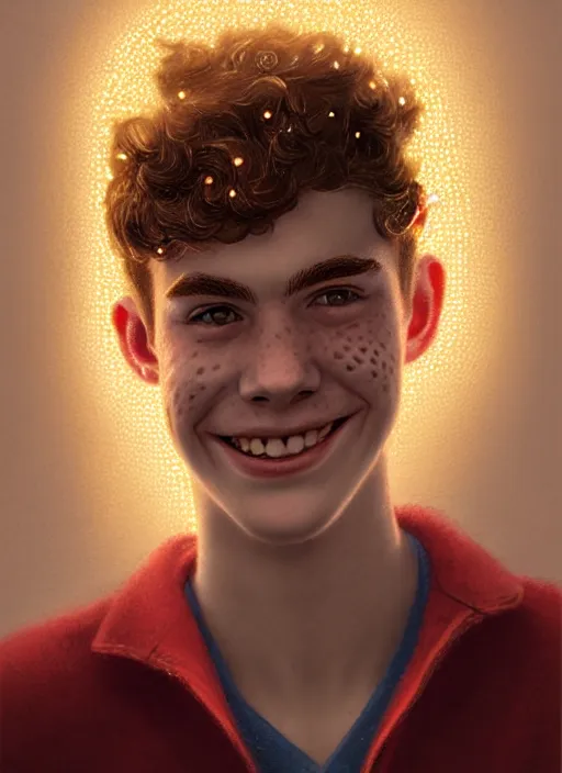 Image similar to portrait of teenage archie andrews, freckles, curly middle part haircut, curly hair, smiling kindly, friendly, 1 9 5 0 s, intricate, elegant, glowing lights, highly detailed, digital painting, artstation, concept art, smooth, sharp focus, illustration, art by wlop, mars ravelo and greg rutkowski