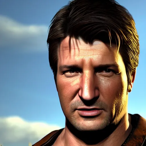 Prompt: nathan fillion as nathan drake from uncharted, photorealistic, unreal engine, cinematic lightning