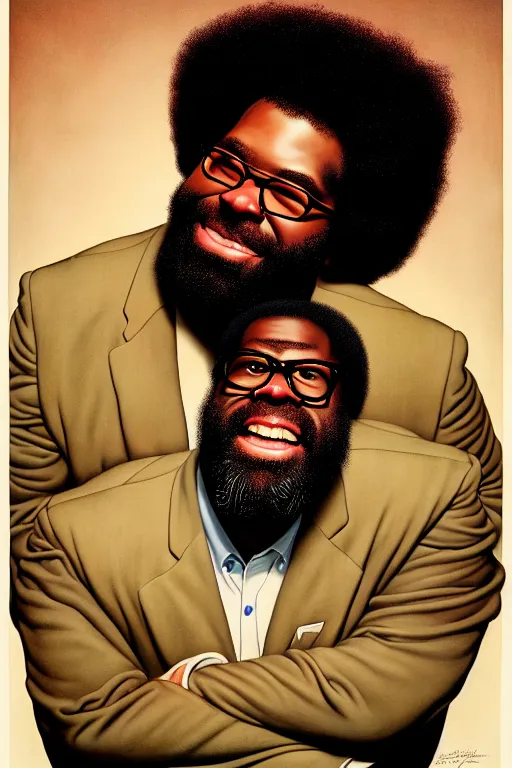 Image similar to portrait of questlove from the roots by gil elvgren and norman rockwell and rob gonsalves and hajime sorayama, hyperrealistic, high detail, ultra detailed, highly detailed face