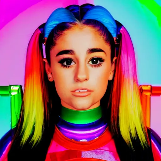 Image similar to 35mm macro shot portrait of an extremely cute and adorable Prismatic Spectrum Cosmic Magical Girl Ariana Grande Selena Gomez Miley Cyrus Miranda Cosgrove from the Rainbow Sky Paradise playing Dance Dance Revolution at Eurovision and Tomorrowland, large piercing eyes, smirk, flat vector art