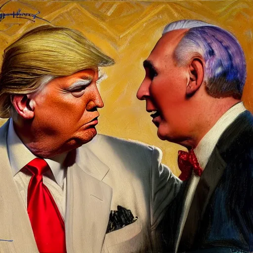 Prompt: attractive fully clothed donald trump confesses his love for his attractive roger stone. highly detailed painting by gaston bussiere and j. c. leyendecker 8 k