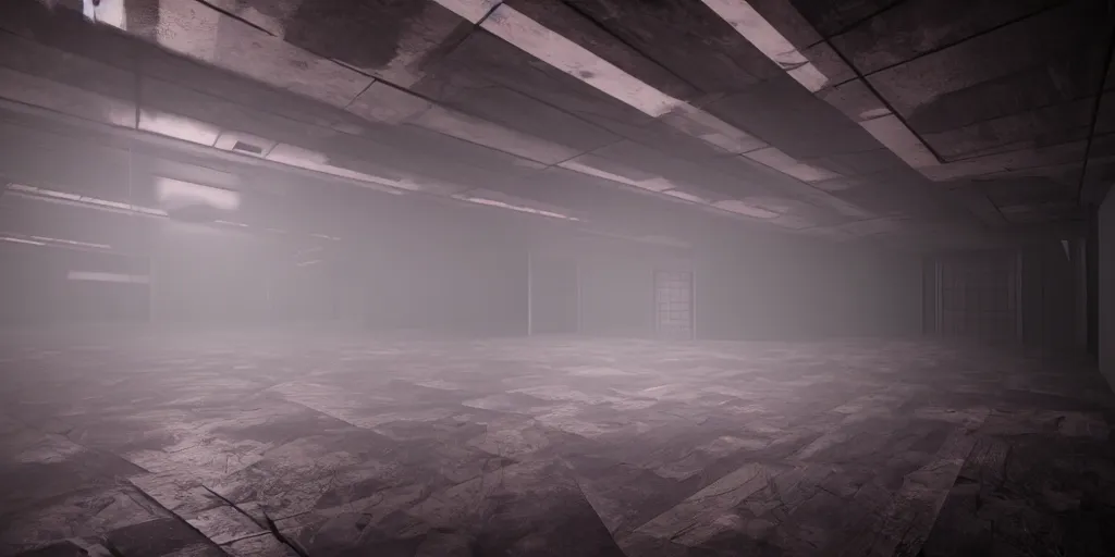 Image similar to a long angle shot of a big dark room with white lights on the celling and a long hallway at the end of the room with red lights on the celling, highly detailed, unreal engine, 4 k, dark, moody, foggy, game render, hyper realistic