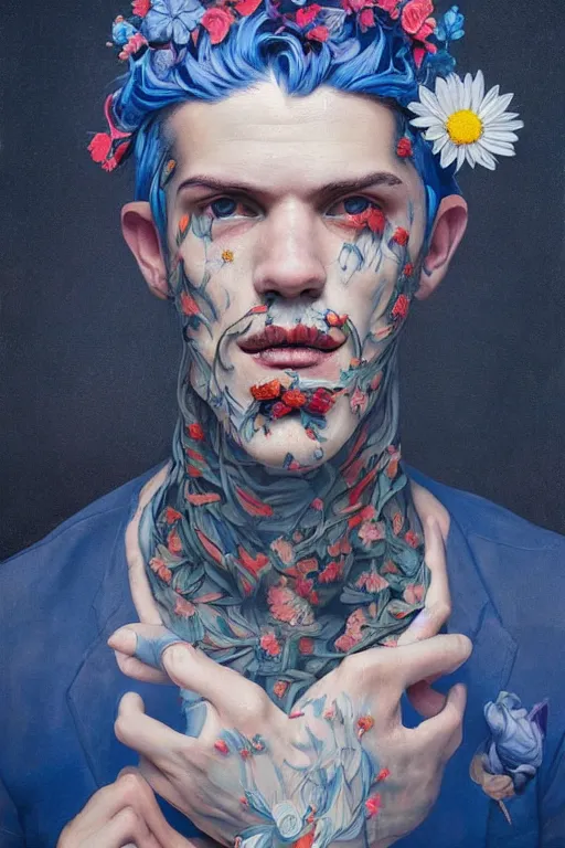 Prompt: a painting of a man with blue hair and flowers on his chest, a surrealist painting by james jean, trending on cgsociety, pop surrealism, androgynous, grotesque, angular