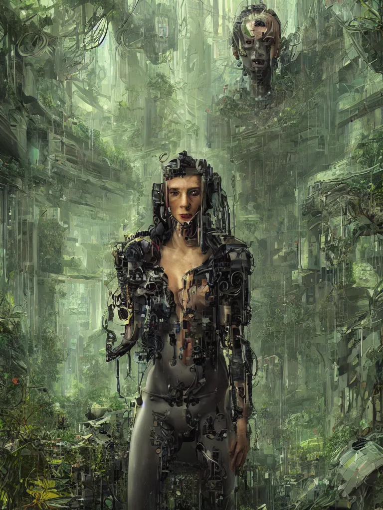 Image similar to portrait of a stranger, lost in a hall of a cyberpunk megacomplex overgrown with strange plants; portrait painting of a cyborg, symmetrical face and eyes; hyperrealistic, 4K wallpaper, highly detailed and beautiful