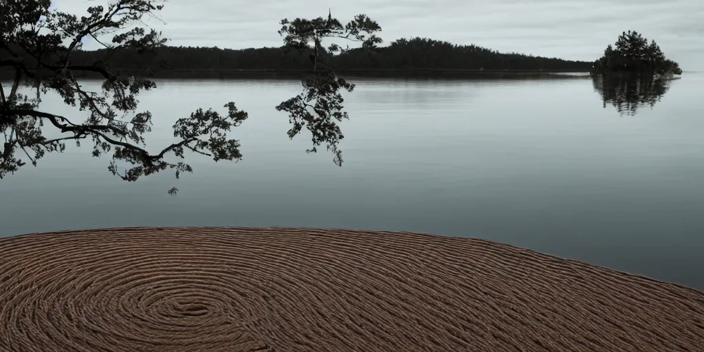 Prompt: centered photograph of a single line of big brown infinitely long rope floating on the water surface stretching out to the center of the lake, a dark lake on a cloudy day, color film, sandy shore foreground, trees in the background, hyper - detailed photo, anamorphic lens