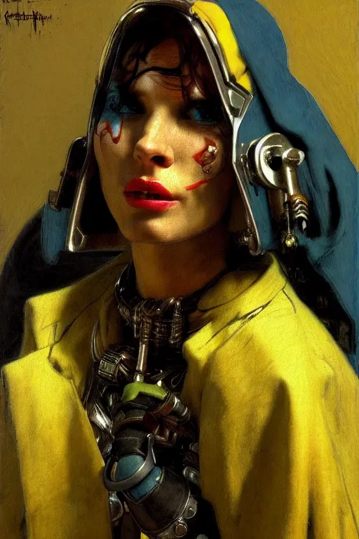 Image similar to full character portrait max mad cyberpunk warhammer 4 0 k, tech priest not the girl with the pearl earring character design, painting by gaston bussiere, katsuya terada, wyeth, ( ( ( ( ( vermeer ) ) ) ) ), frank frazetta, mucha, tom of finland, trending on artstation