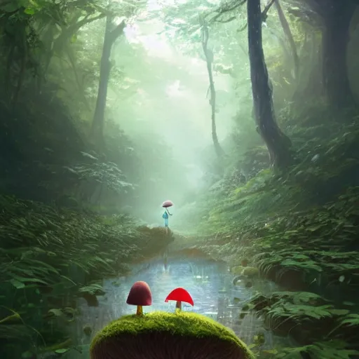 Image similar to a tiny mushroom person with a mushroom for a head walking by a stream in a lush forest. cgsociety masterpiece, artstation trending, by rossdraws, ghibli, Kimi no Na wa, greg rutkowski