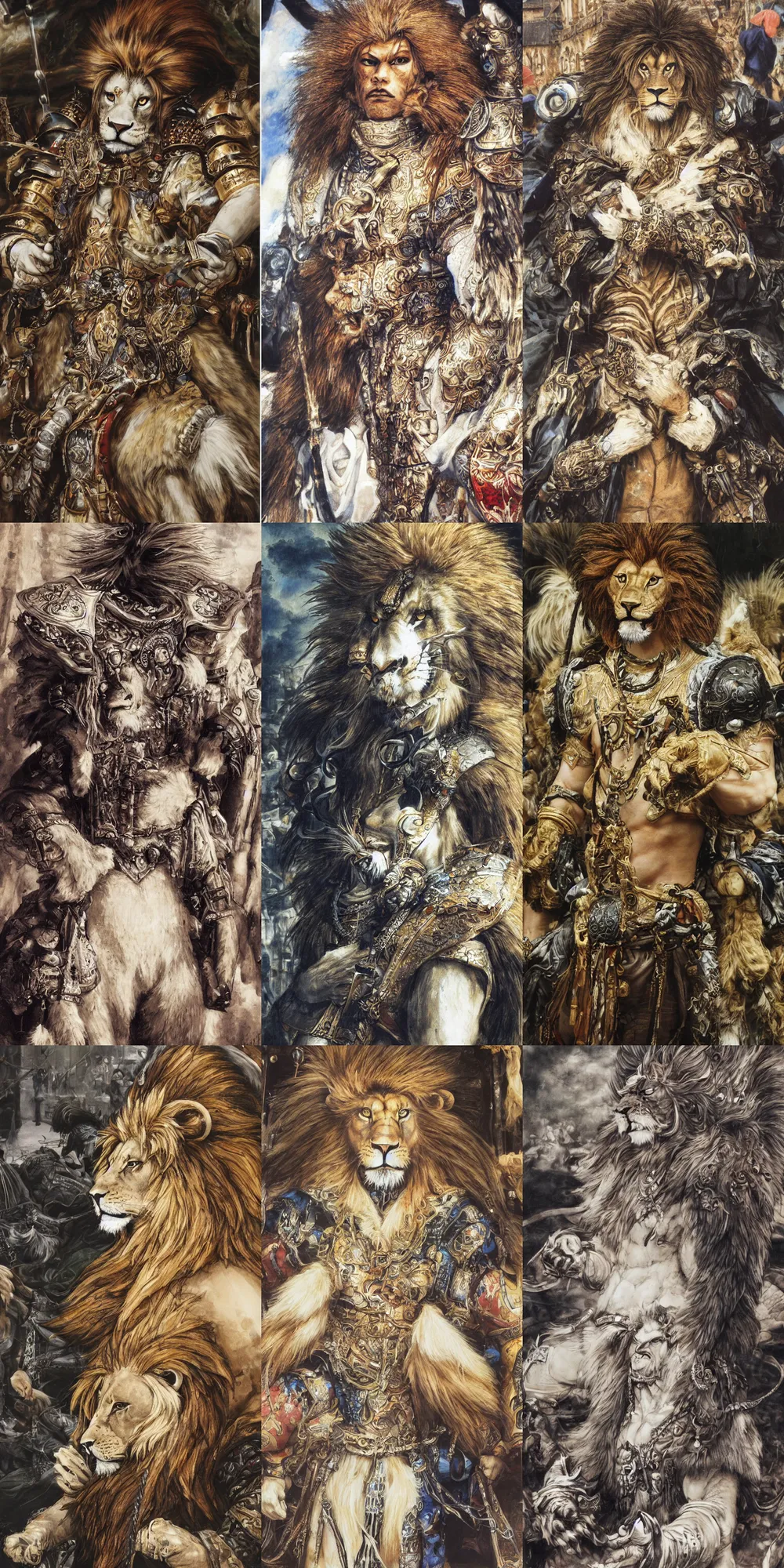 Image similar to 8 k yoshitaka amano painting of upper body of a young cool looking lion beastman with white mane at a medieval market at windy day. depth of field. he is wearing complex fantasy clothing. he has huge paws. renaissance style lighting.