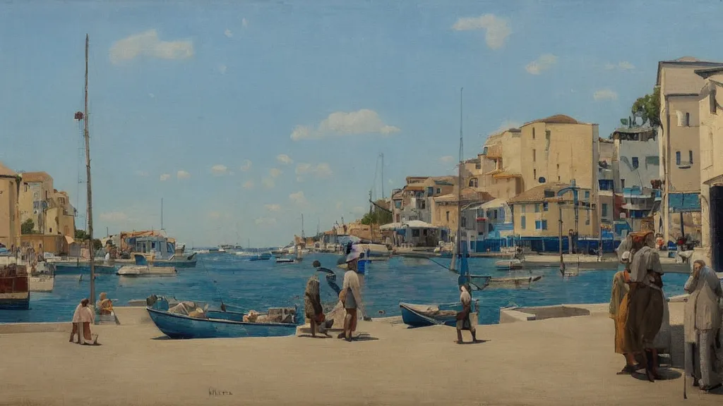 Image similar to a beautiful extremely complex painting of a mediterranean fishing village in summer by peter ilsted, whitewashed housed, tall cypress trees, blue shutters on windows, people walking down a street, fishing boats in the water, beautiful blue water, national gallery of art highlights