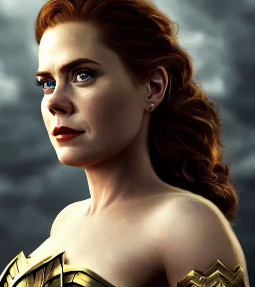 Image similar to a potrait of Amy Adams potrayed as Wonder Woman, Directed by Zack Snyder, Christopher Nolan, Sam Raimi, 8k photorealistic, cinematic lighting, HD, high details, dramatic, trending on artstation, above view, dark atmosphere,