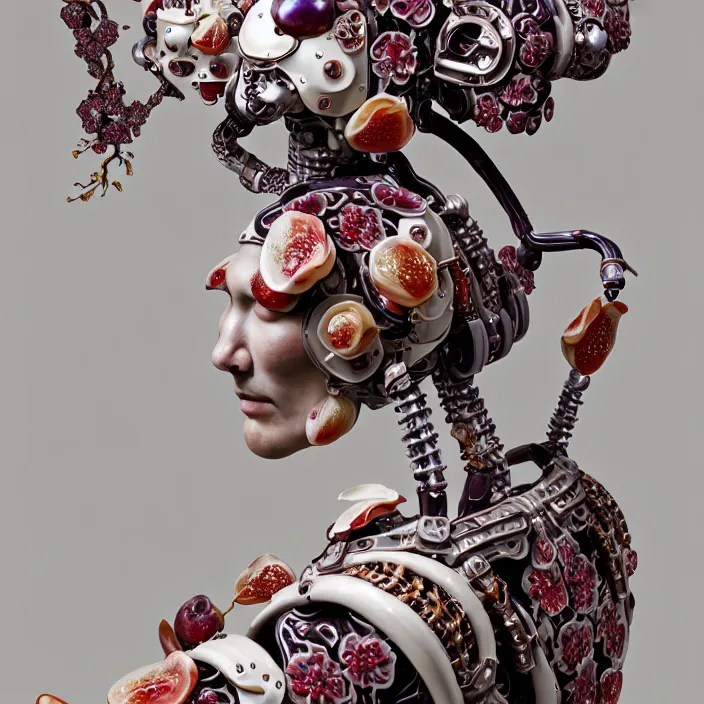 Prompt: ceramic cyborg, Kakiemon design exoskeleton with plums and stylized flowers in glaze and gilding, diffuse lighting, fantasy, intricate, elegant, highly detailed, lifelike, photorealistic, digital painting, artstation, illustration, concept art, smooth, sharp focus, art by John Collier and Albert Aublet and Krenz Cushart and Artem Demura and Alphonse Mucha