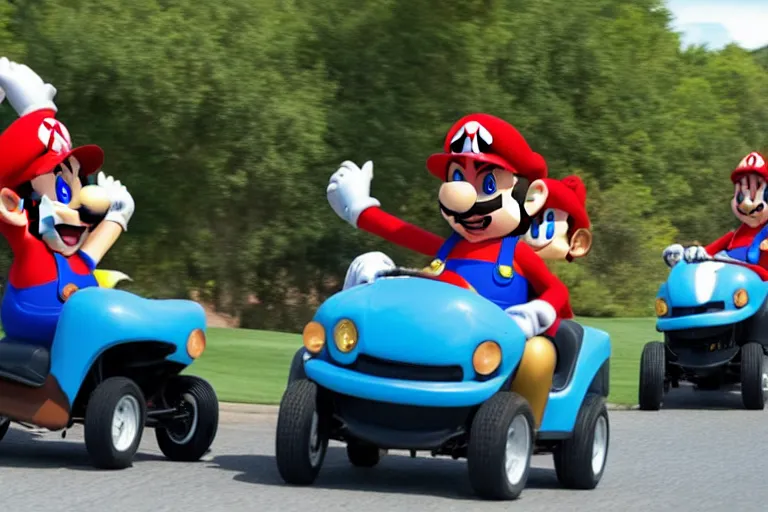 Image similar to mario brothers and sonic the hedgehog driving golf carts, movie still, from the new fast and furious movie, 8 k, hd