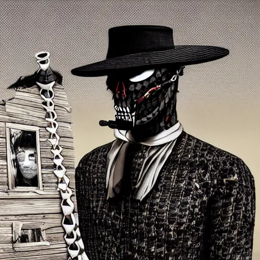 Prompt: I walk 47 miles of barbed wire, I use a cobra snake for a necktie, I've got a brand new house on the roadside made of rattlesnake hide, with a smokestack chimney laid on top made out of human skulls, Bo Diddley, Afrofuturism, intimidating stare, black cowboy, black rectangular guitar, deviantart, matte painting by Margaret Brundage and Glen Orbik