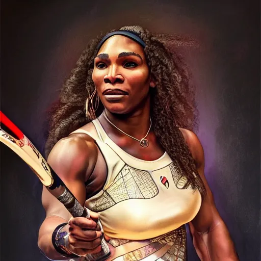 Prompt: portrait of Serena Williams as a warrior woman holding a racket, looking at camera, D&D, intricate, elegant, stylish, serious expression, fantasy, extremely detailed, digital painting, artstation, concept art, smooth, sharp focus, illustration, stunning lighting, art by artgerm and greg rutkowski and alphonse mucha and simon stalenhag.