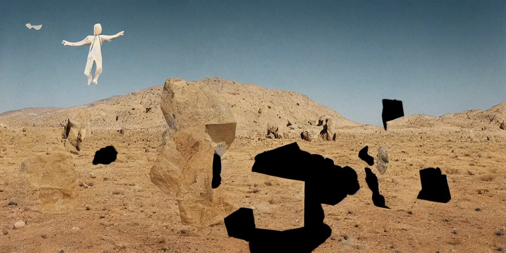 Image similar to levitating ghost grey silhouette with full - face golden mask in a dry rocky desert landscape, visible sky and sunny atmosphere, floating stones, flying stones, fata morgana and giant square mirrors by alejandro jodorowsky, anamorphic lens, kodakchrome, practical effects, masterpiece, 8 k