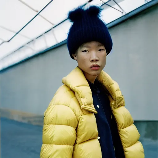 Prompt: realistic photoshooting for a new balenciaga lookbook, color film photography, portrait of a blonde asian woman, model wearing a puffer jacket, photo in style of tyler mitchell, 3 5 mm,