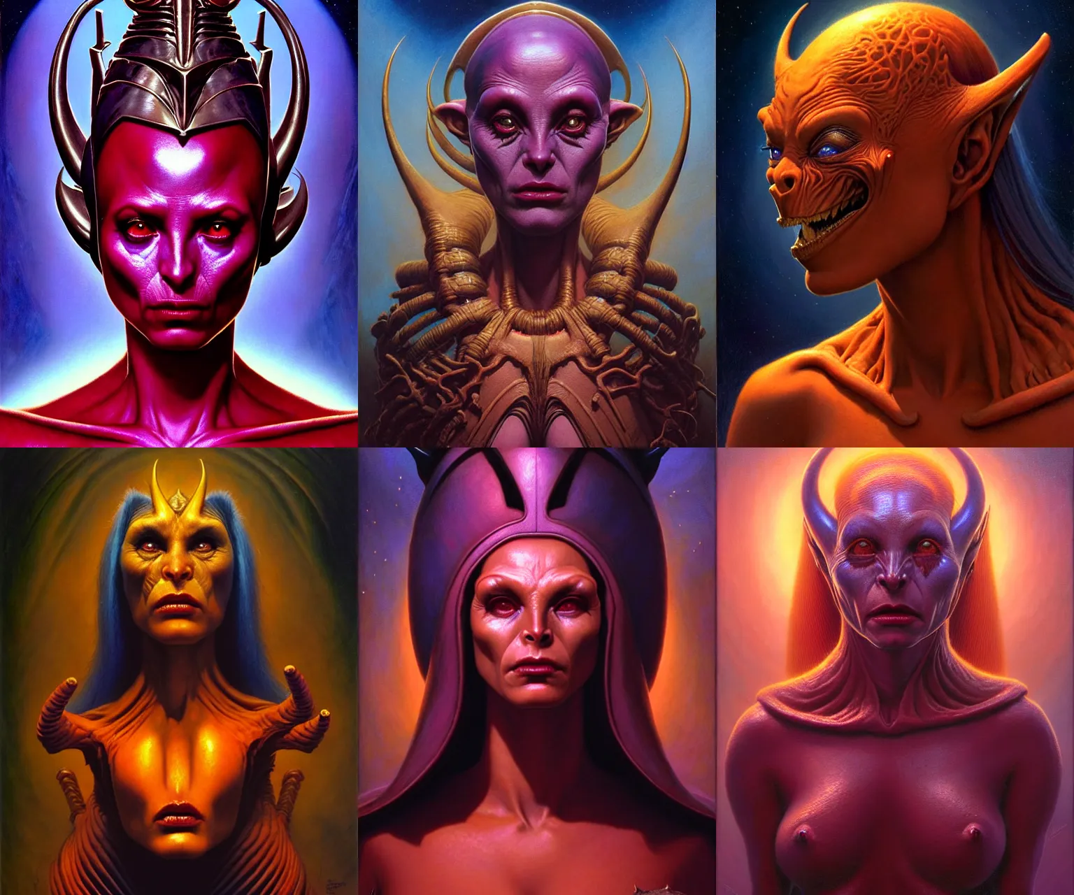 Prompt: cinematic bust portrait of villainous female extraterrestrial queen, head and chest only, exotic alien features, Tim Hildebrandt, Wayne Barlowe, Bruce Pennington, donato giancola, brian froud, oil on canvas, masterpiece, trending on artstation, featured on pixiv, cinematic composition, dramatic pose, beautiful lighting, sharp, details, hyper-detailed, HD, HDR, 4K, 8K