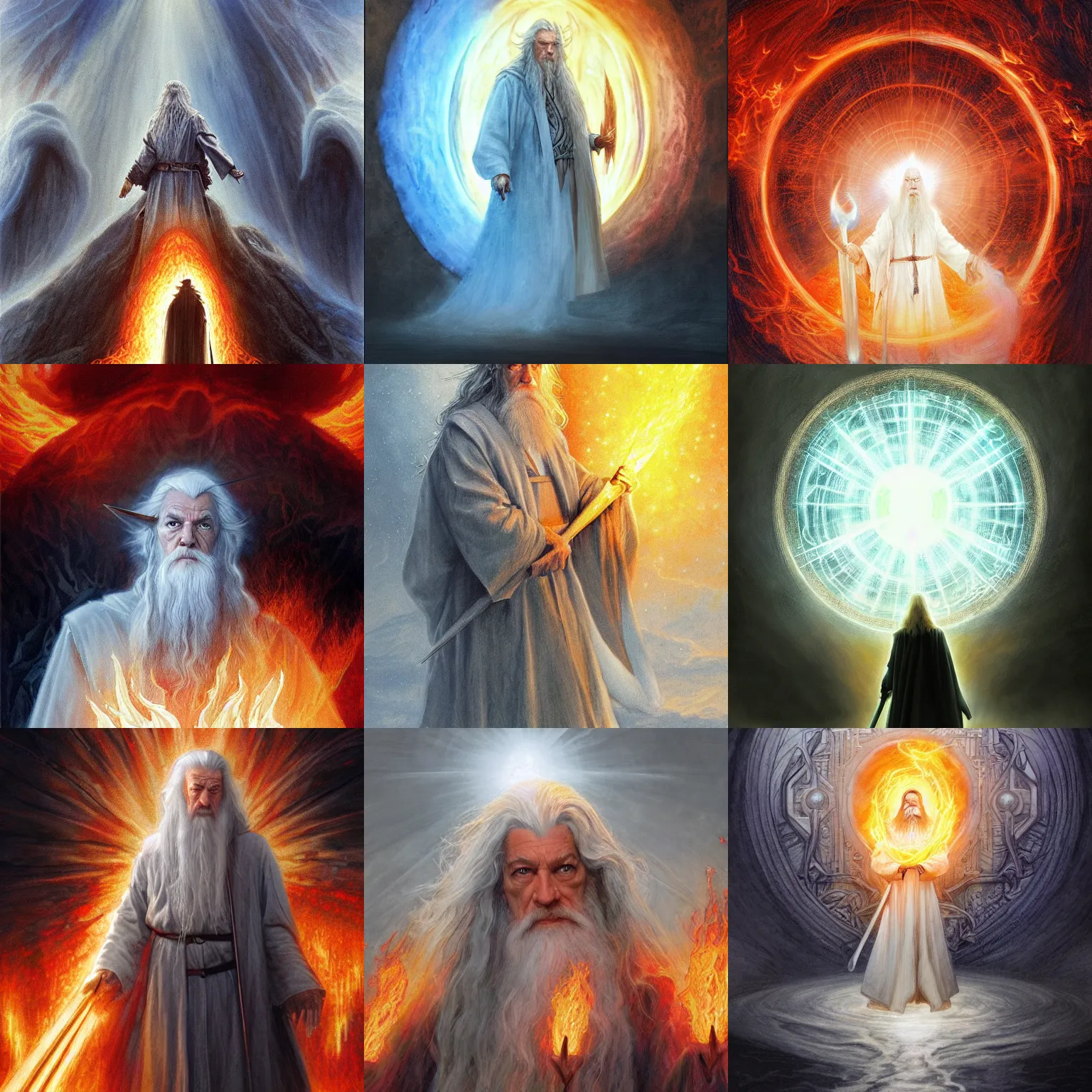 Prompt: gandalf distant inside a white energy shield amid a lake of fire by alan lee, intricate, highly detailed flame and shadow, digital painting, artstation