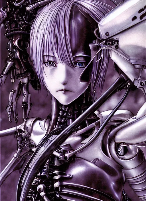 Image similar to Rei Ayanami by Yoshitaka Amano, by HR Giger, biomechanical, profile portrait, 4k, wide ayes, hyper detailed, hyperrealism, anime