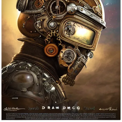 Image similar to dan mumford tom bagshaw, dream world curiosities carnival flying, photorealistic octane render poster of a single very beautiful helmet full long steampunk metallic armored ornate thicc female, accurate features, focus, very intricate ultrafine details, award winning masterpiece, steampunk world spikes