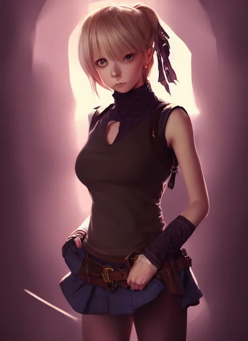 Image similar to portrait of a full body of beautiful young female detective, d & d, sleeveless turtleneck, fantasy, flat lighting, intricate, highly detailed, digital painting, artstation, concept art, smooth, sharp focus, illustration, misa amane, art by simon bisley and greg rutkowski and alphonse mucha, natural tpose