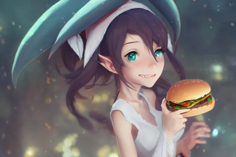 Prompt: adorable elf girl eating a burger, single subject, scenic full shot, ambient lighting, white hair, detailed face, by makoto shinkai, stanley artgerm lau, wlop, rossdraws