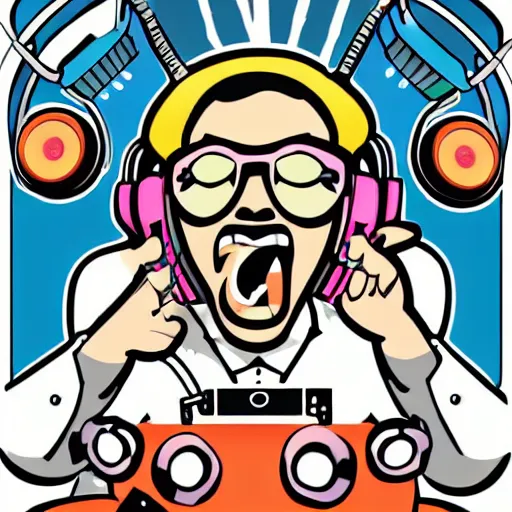 Image similar to svg vector sticker of absolutely insane-mad-scientist-villain, rocking out, wearing headphones, huge speakers, dancing, rave, DJ, spinning records, digital art, amazing composition, rule-of-thirds, award-winning, trending on artstation, featured on deviantart