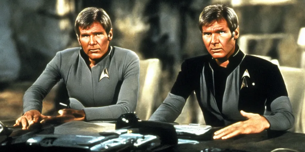 Image similar to Harrison Ford in the role of Captain Kirk in a scene from Star Trek the original series